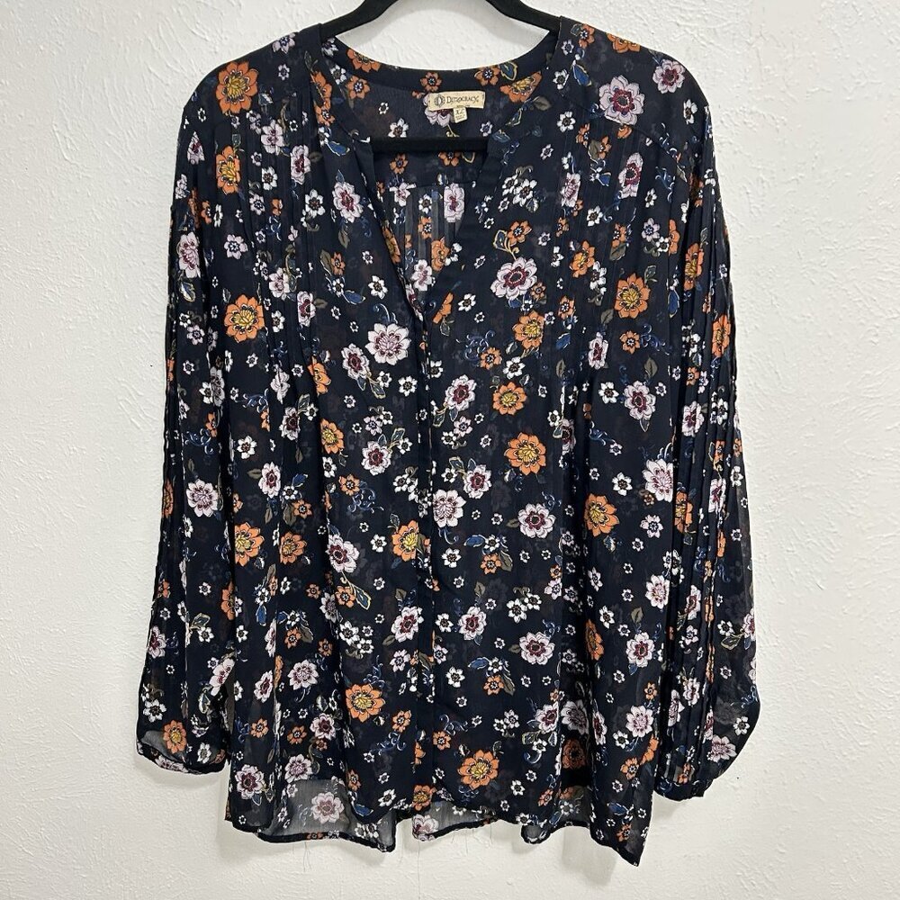 Democracy Blue Floral Top Blouse Pleated Button Front Boho Soft Feminine Size 2X